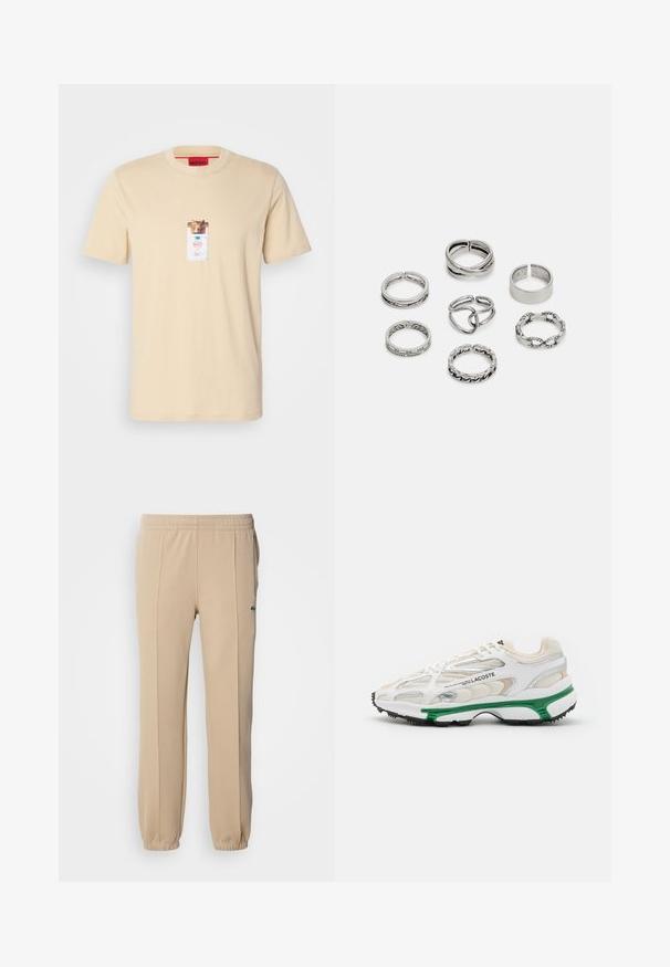 Tricou din bumbac bej, cu mâneci scurte, având un imprimeu grafic care imită un buzunar cu un leu și un design de logo în centru.; Lacoste Pantaloni de trening - viennese; Adidași albi cu accente verzi și talpă din cauciuc negru. Prezintă panouri din plasă și materiale sintetice, cu un finisaj texturat și cusături vizibile.; Set de șapte inele din argint cu diverse modele, inclusiv modele răsucite, legate și gravate. Forme și lățimi diferite.