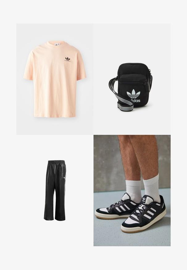 T-shirt de algodão rosa pálido com decote redondo e mangas curtas. Apresenta um pequeno logotipo preto da Adidas Basketball no peito.; Calças de treino sintéticas pretas com um cós elástico, apresentando riscas laterais brancas e um pequeno logótipo branco no quadril esquerdo.; Ténis em preto e branco com upper em camurça e couro, apresentando três riscas brancas, um toe perfurado e uma sola em borracha de goma.; Sacolinha transversal de tecido preto com fecho de zíper, apresentando um logo da Adidas em branco e uma alça ajustável listrada para facilitar o transporte.