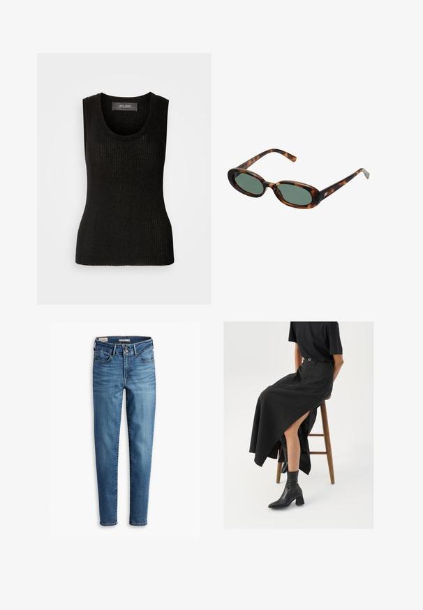Mos Mosh RELENA IMANJA TANK - Topp - black; Kõrge vöökohaga kitsad teksad helesinisest denimist. Omab viit taskut, ees klõpsuga sulgemist ja klassikalist tikandit kogu ulatuses.; Must mustriga mustri, kõrge lõhiku ja musta T-särgiga, koos mustade ankle kingadega. Minimalistlik disain, lõtv istuvus.; Kilpkonna kilbi disainiga tumedad prillid ovaalsete raamidega ja roheliste objektiividega. Omab õhukesi käsi, millel on metallist aktsent hingedest lähedal.
