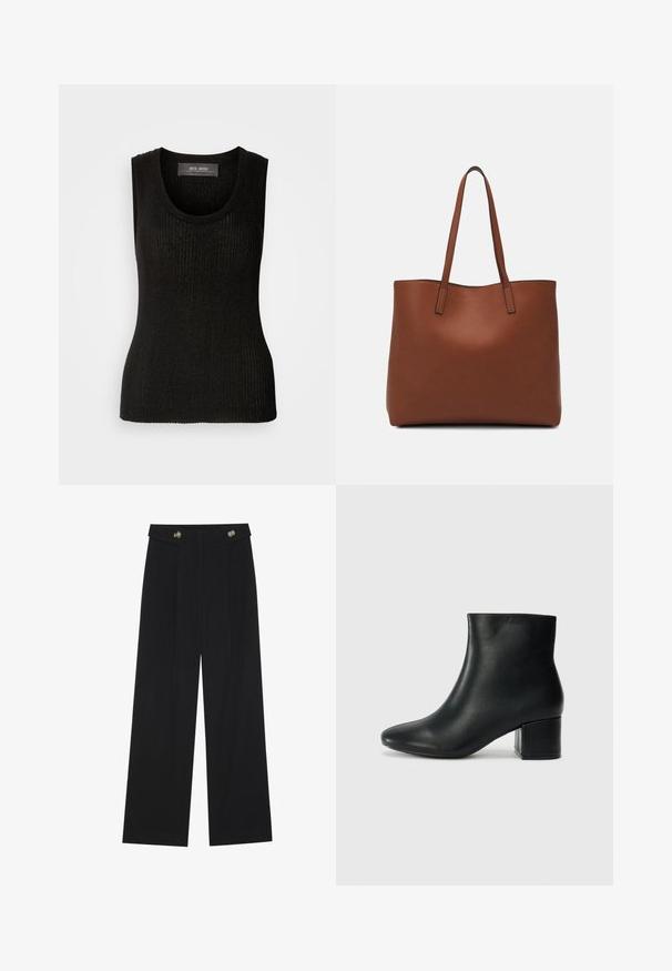 Mos Mosh RELENA IMANJA TANK - Viršus - black; Juodi plačios kojos kelnės su aukštu liemeniu, sagų detalėmis ant liemens ir priekinėmis raukšlėmis.; Juodos odinės aulinės botai su smailiu priekiniu pirštu ir storu kulnu. Lygus tekstūra su minimaliomis detalėmis ir elegantišku, tvirtai priglundančiu dizainu.; Ruda odinė priekabų krepšys su glotnia tekstūra, atviru viršumi ir dviem petnešomis. Su minimalia siuvimo detalėmis ir nematoma aparatūra.