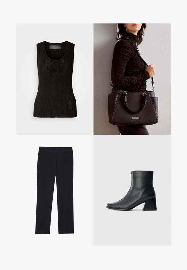 Mos Mosh RELENA IMANJA TANK - Topper - black; Sorte bukser med rette ben, med sidelommer og en glat stoffeksur. Minimal detaljer, ren linning.; Sorte skinnankelsko med firkantet tå, glidelås på siden og blokkhæl mot en vanlig lys bakgrunn.; Svart håndveske med teksturert overflate, doble topphåndtak og justerbar skulderrem. Har detaljer i gulltone og sidelommer.