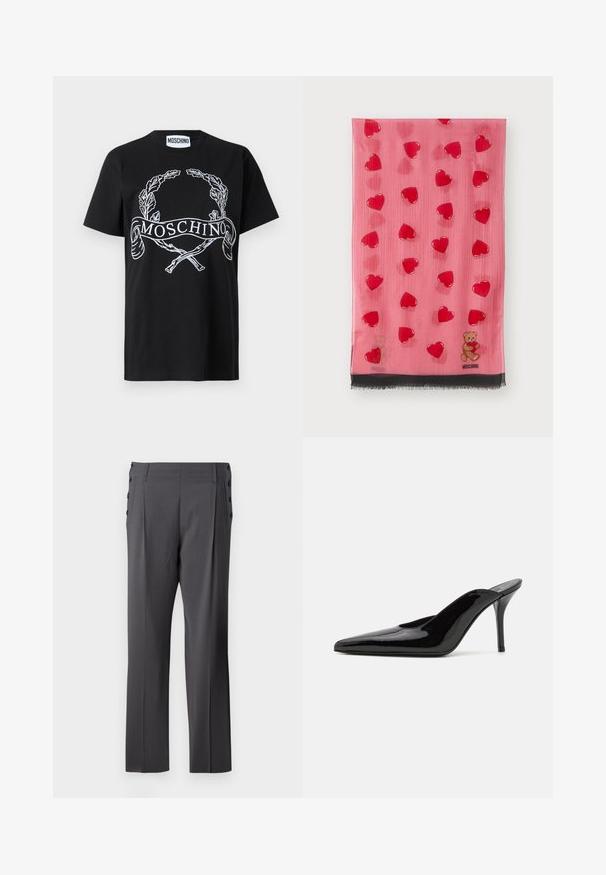 Mustat puuvillapaita, jossa valkoinen brodeerattu laakerinlehti ja nauha, jossa on "MOSCHINO"-teksti. Vakiokokoinen pyöreä pääntie ja lyhyet hihat.; Valkoinen paitapusero pitkillä hihoilla, jossa on rypytetty pinta edessä, pieniä kultaisia nappia ja tavallinen kaulus.; Harmaat räätälöidyt housut, joissa on suora lahjetyyppi, etupleat ja koristeelliset sivunapit lisäyksinä. Sileä kankaanpinta.; Mustat patentoidut korkeakorkoiset mulesandaalit, joissa on terävä kärki ja sulavalinjainen siluetti. Kenkäparissa on avonainen takaosa ja hoikka stiletto-korko.; Vaaleanpunainen huivi, jossa on läpinäkyviä punaisia sydämiä ja karhu -kuvio, musta hapsureunus ja logo-yksityiskohta alareunassa.