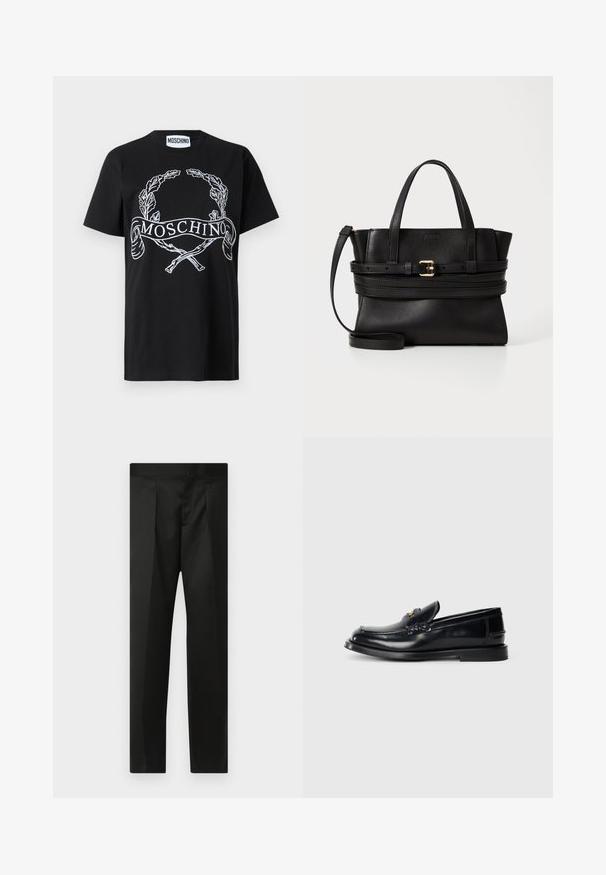 Čierne bavlnené tričko s bielou vyšitou vavrínovou korunou a stuhou s textom "MOSCHINO". Štandardný okrúhly výstrih a krátke rukávy.; Čierne nohavice s hladkým materiálom, strihom na mieru, rovnými nohavicami a plochým pásom bez viditeľných zapínaní alebo vreciek.; Čierne kožené loafers s prešitým dizajnom, malou prednou chlopňou a plochou gumovou podrážkou. Hladký povrch s akcentom z pozlátenej kovovej súčiastky.; Čierna kožená kabelka so štruktúrovaným dizajnom, dvojitými hornými uchami, odnímateľným popruhom a zlatým prackovým akcentom na horizontálnej páske.