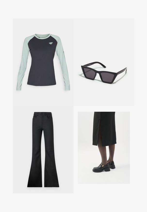 Dynafit ALPINE PRO TEE - Long sleeved top - black out/jadelite; Black flared jeans with a mid-rise waist, made from smooth fabric. Features five pockets and visible stitching details.; Black leather shoes with a rounded toe, thick block heel, and elastic side accents, paired with dark tights and a black skirt with a slit.; Black, angular sunglasses with gray lenses; made of plastic, featuring thick arms with a smooth surface and no visible hardware.