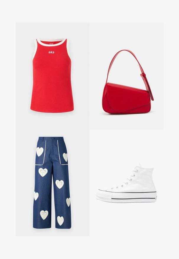 Rotes geripptes Tanktop mit weißem Besatz und GAP-Logo auf der Brust. Ärmelloses Design, lockere Passform, aus weichem Baumwollmaterial gefertigt.; Sister Jane HEART TO HEART - Jeans Straight Leg - blue denim; Weiße hochwertige Leinensneaker mit schwarzer Gummisohle, vorderem Gummizehenschutz und sechs Ösen für Schnürsenkel, die ein sauberes, minimalistisches Design aufweisen.; Rote Lederhandtasche mit einem kantigen, geometrischen Design. Verfügt über einen verstellbaren Schulterriemen und einen Klappenverschluss mit genähten Details.