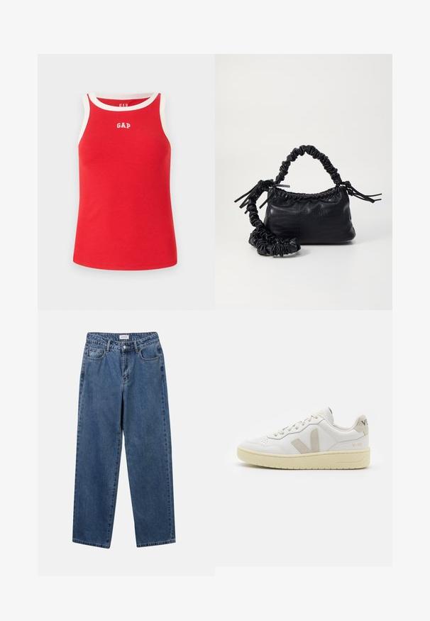 Červený rebrovaný tielko s bielym lemom a logom GAP na hrudi. Bez rukávov, voľný strih, vyrobené z jemného bavlneného materiálu.; Klasické modré džínsy z denimu so strihom rovného strihu, piatimi vreckami a zapínaním na gombík. Majú stredné praním a pevnú textúru.; Biele kožené tenisky s béžovými semišovými akcentmi, perforovanou špičkou, plochými šnúrkami a textúrovanou krémovou podrážkou. Obsahujú jemné označenie na päte.; Čierna umelá kožená kabelka s kroko vzorom, sťahovaným vrchom a zhnutým popruhom. Vyzerá mäkko a kompaktné v dizajne.