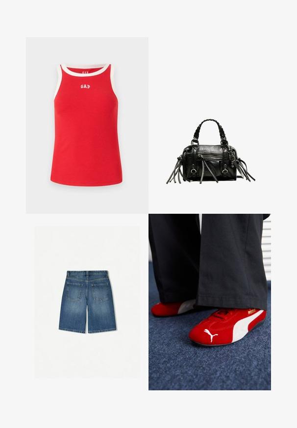 Crvena rebrasta majica bez rukava s bijelim obrubom i GAP logotipom na prsima. Opušteni kroj, izrađena od mekanog pamučnog materijala.; Traper šorts u srednje plavoj boji s opuštenim krojem, koji sadrže dva stražnja džepa i čistu, ravnu donju ivicu. Klasičan dizajn s pet džepova.; Crvene od nubuka tenisice s bijelim detaljima, sa teksturiranim materijalom, okruglim vrhom i zlatnim logom sa strane, nosi se s crnim hlačama.; Crna kožna torba s pletenim ručkama, teksturiranom površinom, prednjim džepom na patentni zatvarač i dekorativnim resicama. Kompaktna i strukturirana forma.