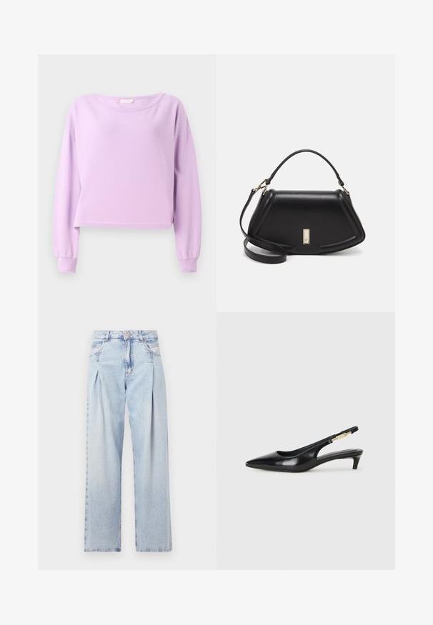 Vaaleanlila lyhythihainen collegepusero, joka on valmistettu puuvillasta. Ominaisuuksiin kuuluu leveä pääntie ja tiukat hihat. Sileä pinta, yksinkertainen muotoilu.; Vaaleansiniset farkut, joissa on korkea vyötärö, leveälahkeinen leikkaus, kaksi sivutaskua ja pleatattu muotoilu. Pehmeä rakenne, jossa on haalistunut viimeistely.; Mustat nahkaiset slingback-korkokengät, joissa on terävä kärki, ohuet korot ja kultasävytteinen yksityiskohta säädettävässä hihnassa. Silkkinen pinta.; Mustalla nahkalaukulla, jossa on jämäkkä muotoilu, lyhyt malli, yläkahva ja kultaiset yksityiskohdat. Säädettävä olkahihna sisältyy.