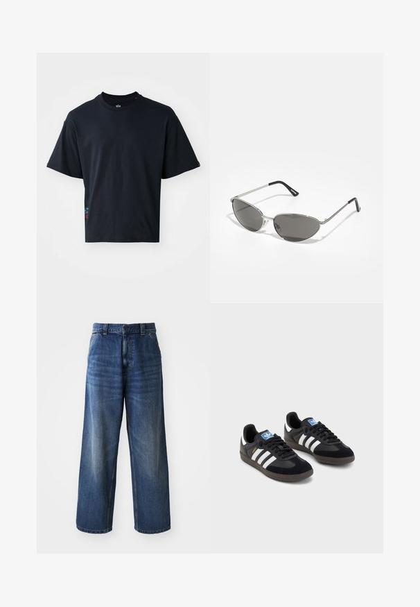 Črna kratkotrajna majica z dolgimi rokavi iz bombaža, s klasičnim krojem in majhnim barvnim logotipom na strani.; Visoko pasovane modre kavbojke z širokimi hlačnicami, ki se ponašajo z nežnim zbledelostjo, sprednjima žepoma in gumbom za zapiranje na pasu.; Črne športne copate z zgornjim delom iz semiša in sintetičnih materialov, ki imajo tri bele črte, teksturiran gumijast podplat in modro označevalno oznako na jeziku.; Sončna očala z elegantnim srebrnim kovinskim okvirjem, sivi zasenčeni leči in aerodinamičnim oblikovanjem, ki vključuje ostri robovi in tanke ročke.; Srebrn toniran kovinski uhani z obliko zavitih verig in okroglim obeskom s poliranim zaključkom.
