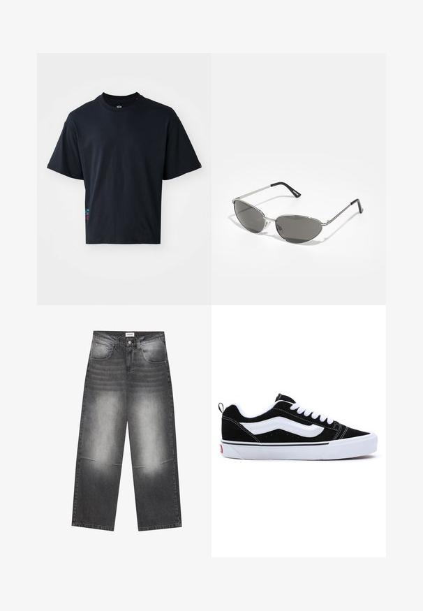 Svart kortärmad T-shirt i bomull, med klassisk rundhals och en liten färgglad logodetalj på sidan.; Breda svarta denimjeans med en urtvättad grå finish, med framfickor, en knappstängning och lätt slitningar på knäna.; Svarta mockaskor med vita detaljer, med en låg design, snörning och en tjock vit gummisula. Varumärkeslogotyp på hälen.; Solglasögon med en elegant, silver metallram, gråtonade linser och en aerodynamisk design med spetsiga kanter och tunna bågar.