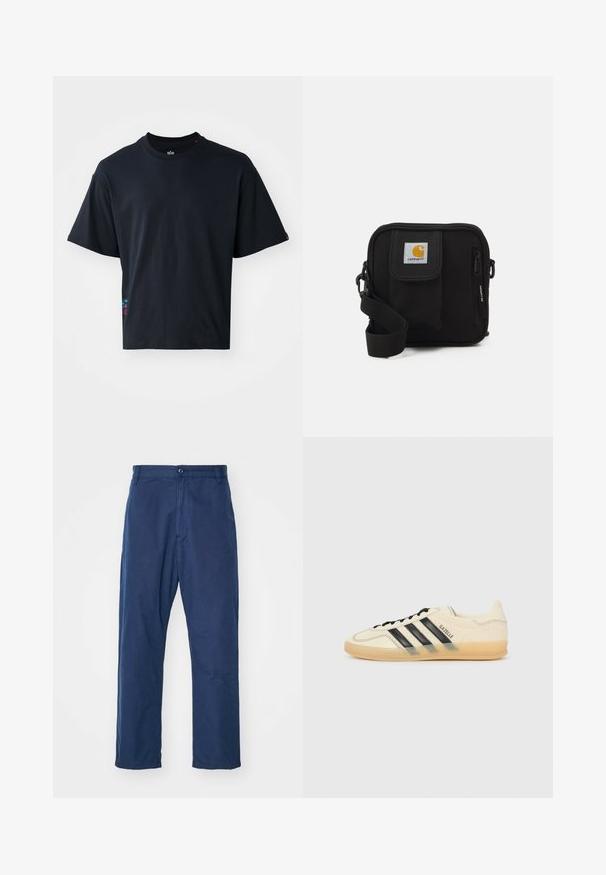 Melnā īsajā piedurknē T-kreklā, kas izgatavots no kokvilnas, ir klasisku noapaļotu apkakli un neliels krāsains logotipa elements sānos.; Jūras zilas, taisnas kājas bikses, izgatavotas no kokvilnas. Tām ir priekšējā pogu aizdare un smalks tekstūra, kā arī sānu kabatas un jostas cilpas.; Gaiši krēms sporta apavi ar melnu trīs svītru dizainu, teksturētu augšējo daļu, noapaļotu purngaliem un gumijas zoli. Iespējas ietver auklas un zīmolu sānos.; Melna plecu soma ar rāvējslēdzēja galveno nodalījumu, priekšējo kabatu, regulējamu siksnu un redzamu logotipa tagu uz vāka.