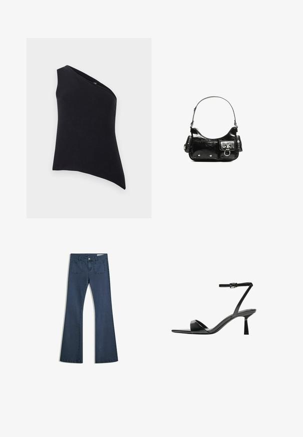 Asimetrična crna majica s jednim ramenom. Izrađena od mekanog materijala, s glatkom teksturom i čistim linijama. Bez zatvaranja ili ukrasa.; Tamno plavi traperice s izrezanim nogavicama, šivanim džepovima, kopčanjem na dugme i glatkom teksturom. Imaju klasičan dizajn s pet džepova.; Bershka Sandale s visokom petom - black; Crna patentna kožna torba s zakrivljenim oblikom, jednim remenom za rame, prednjim džepovima i akcentima od srebrnog tona.