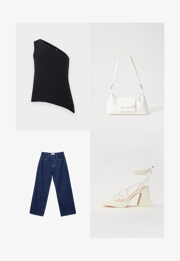 Asymetrický čierny top s jedným ramienkom. Vyrobený z mäkkej látky, má hladký povrch a čisté línie. Bez zapínania a ozdôb.; Široké tmavomodré džínsy s gombíkovým zapínaním, piatimi vreckami a kontrastným bielym šitím. Tkanina má hladký, mierne textúrovaný povrch.; Biele sandále na vysokom opätku s hrubým podpätkom, s pruhovaným dizajnom a viazaním na členku. Hladký povrch s platformou vpredu pre zvýšenú výšku.; Biela syntetická kabelka s trojuholníkovým tvarom, plochým predným klapkou a detailom mašle, nastaviteľným popruhom, hladkou textúrou a minimalistickým dizajnom.