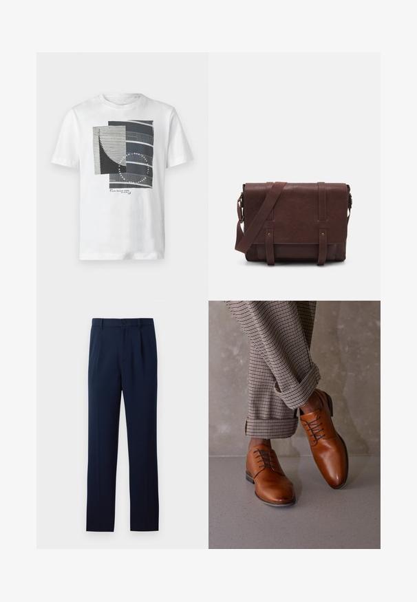 White cotton T-shirt featuring a geometric graphic design in dark gray and black, with lines and textures, and brand logo at the bottom.; Navy blue trousers made of smooth fabric, featuring a single button closure, pleats, and straight legs. Minimalist design with no notable patterns.; Brown leather shoes feature a rounded toe, five eyelet lace-up design, and contrasting dark laces. Pants are plaid, rolled at the cuffs.; Brown leather messenger bag with a flat front flap, two straps, gold hardware accents, and an adjustable shoulder strap.