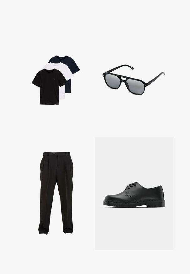 Sada tří triček s krátkým rukávem v černé, bílé a tmavě modré barvě. Vyrobeno z bavlny, s kulatým výstřihem a malým logem na hrudi.; Černé kalhoty z hladké tkaniny, se zapínáním na tlačítko v pase, předními sklady a zúženými manžetami u kotníků. Klasický elegantní střih.; Černé kožené oxfordy s šněrováním, zakulacenou špičkou, plochou gumovou podrážkou a jemným prošíváním podél svršku.; Černé sluneční brýle s obdélníkovými rámy, šedými tónovanými skly a designem s výřezem ve střední části. Hladký, lesklý plastový materiál, s úzkými stranami.