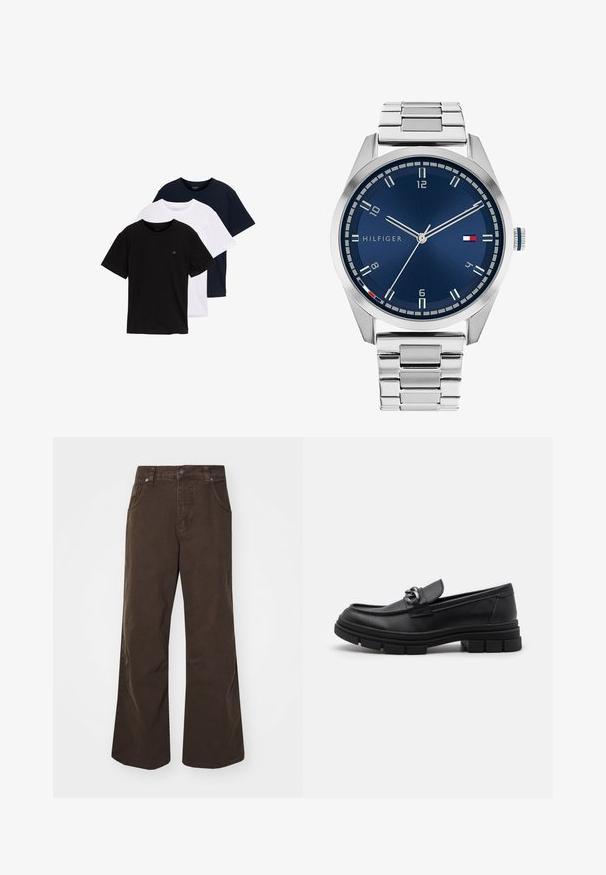 Kolm lühikese varrukaga T-särki mustas, valges ja tumesinises värvitoonis. Valmistatud puuvillast, ümmarguse kaelusega ja väikese logoga rinnal.; Pruuni laiad püksid, mis on valmistatud puuvillast, kõrge veejoone, ees olevate taskute ja sileda tekstuuriga. Viimistlus sisaldab peeneid õmblusdetailide.; Must hästnahkade läiked, millel on ümar nina, dekoratiivne rihm ja hõbedased detailid ning paks tekstureeritud talla. Sile viimistlus koos peente detailidega.; Hõbedane metallkell harjatud sinise sfääri, valgete tunnimarkerite ja kuupäeva kuvamisega. Omab kinnitatud metallist rihma ja kaubamärgi logo.; Hõbedane kettkaelakee, millel on paksud lingid ja keskel keeruka detailidega ümmargune ripats. Sile, peegeldav metallpind.