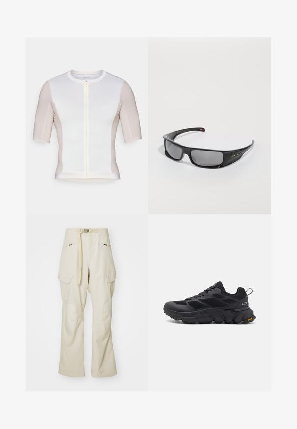 Lyhythihainen pyöräilypaita valkoisena ja vaaleabeigeenä, jossa on etuvetoketju, sileä pinta ja huomaamaton logo yksityiskohtana rinnassa.; Beige-housut, joissa on leveä lahje, vyötärölle kuuluu vyö, kaksi sivutaskua ja polvipaikat. Sujuva pinta, jossa on vahvistetut ompelu yksityiskohdat.; Mustat urheilukengät, joissa on paksu pohja, verkkotakki ja synteettinen päällinen, teksturoituja yksityiskohtia ja Vibram-logot pohjassa.; Mustat Oakley-kierrekylmä aurinkolasit tummilla suorakulmaisilla linsseillä ja kaarevilla varsilla tasaisella valkoisella taustalla.