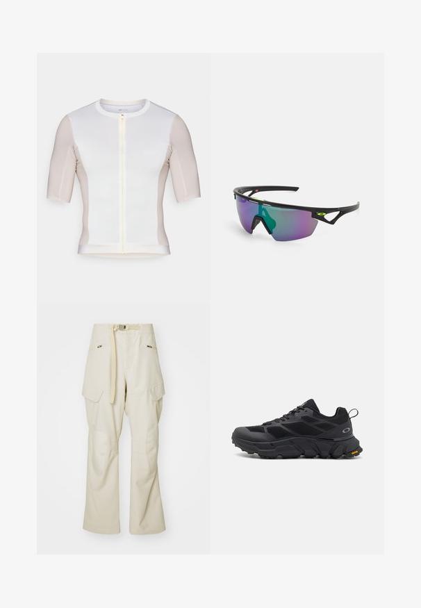 Cyklistický dres s krátkym rukávom v bielej a svetlo béžovej farbe, s predným zipsom, hladkým povrchom a diskrétnym logom na hrudi.; Béžové cargo nohavice so širokým strihom, opaskom v páse, dvomi bočnými vreckami a náprsenkovými vankúšmi na kolenách. Hladká textúra so zosilnenými švami.; Čierne atletické topánky s mohutnou podrážkou, vrchnou časťou z textilu a syntetiky, textúrovanými akcentmi a značkou Vibram na podrážke.; Športové slnečné okuliare s čiernym rámom, veľkým gradientným sklom s purpurovými a zelenými odtieňmi a uhlovými dizajnovými akcentmi s logom.
