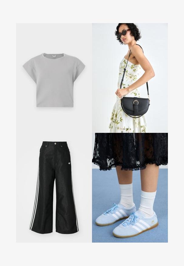 Lys grå, cropped sweatshirt med korte, rullede ermer, rund utrigning og diskrete sømdetaljer. Laget av mykt, pustende stoff.; Sorte vide benbukser med tre hvite striper på hver side og en liten hvit logo. Har frontlommer og knappelukking.; Lys blå sneakers med hvite striper og hvite sokker, brukt sammen med et svart blonde skjørt, på en blå teppebelagt overflate.; Svart lærveske med en buet form, avtagbar stropp og gullbeslag. Vesken har et klaff med spenne-detall.
