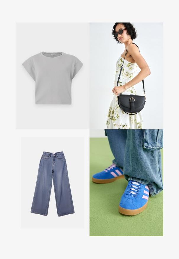 Gaiši pelēks kropts sporta krekls ar īsām, sarullētām piedurknēm, apaļu kakla izgriezumu un maziem šuvju detaļām. Izgatavots no mīkstas, elpojošas auduma.; Platas kājas denima bikses gaiši zils mazgājumā, ar augstu jostasvietu, priekšējām kabatām un pogu aizdari ar jostas cilpiņām.; Zilas zamšādas kurpes ar rozā svītrām un baltām šņorēm, aprīkotas ar gumijas zoli, kopā ar brīvām džinsu biksēm uz zaļas virsmas.; Melnas ādas rokassoma ar izliekta formu, noņemamu siksnu un zelta aksesuāriem. Somai ir vāciņš ar sprādzes detaļu.