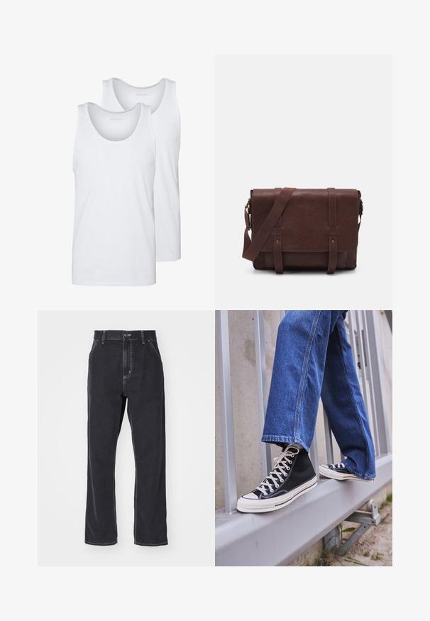 Weiße Baumwoll-Tanktops mit runden Ausschnitten und glatter Textur. Zwei Stücke ausgestellt, beschriftet mit "PIER ONE."; Schwarze Denim-Jeans mit geradem Schnitt, ausgestattet mit einem Reißverschluss, fünf Taschen und kontrastierendem Steppstich entlang der Nähte.; Schwarze High-Top-Sneaker mit weißer Sohle und Schnürsenkeln, kombiniert mit lockeren blauen Jeans, die auf einem grauen Geländer ruhen.; Braune Leder-Umhängetasche mit einer flachen Vorderklappe, zwei Riemen, goldenen Hardware-Akzenten und einem verstellbaren Schultergurt.