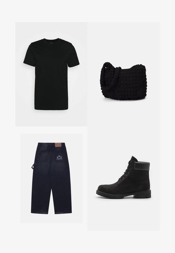 Black short-sleeve T-shirt made of smooth cotton fabric, featuring a crew neckline and a simple design without patterns or accents.; Dark denim trousers with a loose fit. Features two back pockets, a leather patch with logo, and five-star design on one pocket.; Black lace-up ankle boot with padded collar and rugged sole, shown in profile against a white background.; Black fabric bag with a textured, quilted pattern. Rounded shape, short, thick handles, and a soft, flexible structure.