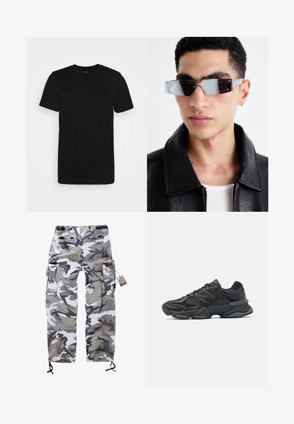 Črna kratkotrajna majica s kratkimi rokavi, izdelana iz gladkega bombažnega blaga, z okroglim izrezom in preprostim dizajnom brez vzorcev ali poudarkov.; Kamuflažni cargo hlače v odtenkih sive in bele, z več žepi in vrvico na koncih za prilagodljivo prileganje.; Črne tekaške superge, ki združujejo mrežaste in sintetične materiale, imajo debel podplat, ukrivljen oblikovni slog ter izrazito blagovno znamko na strani.; Angularne sončne očala s sivim tonom in srebrnim okovjem, postavljena na svetli podlagi. Leče imajo edinstveno geometrijsko obliko.