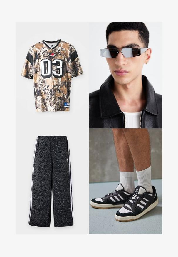 Homokszínű, barna és fekete álcázó mintázatú, rövid ujjú mez, kerek nyakkivágással, masszív textúrával és nagy nyomtatott "03"-as számmal.; adidas Originals GRAPHIC UNISEX - Tréningruha alsók - black; Fekete-fehér tornacipők velúr és bőr felsőrésszel, három fehér csíkkal, perforált orral és gumi talppal.; Szögletes, szürke árnyalatú napszemüveg ezüst díszítéssel, világos háttér előtt. A lencsék egyedi geometrikus formával rendelkeznek.