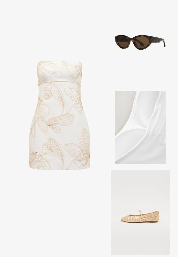 Hvidt stofbadetøj med glat tekstur og dyb scoop-halsudskæring. Materialet virker let og strækbart, hvilket gør det velegnet til vandbrug.; Strapless kjole i creme med præget blomsterdesign i lys beige. Tætsiddende design, glat tekstur, knælængde klip, og ingen synlige lukninger.; Guldvævede balletflade sko med spids tå, flad sål og en rem over vristen. Har teksturerede mønstre på det øverste materiale.; Skildpadde øjenkat solbriller med brune linser, der har glatte, blanke plastrammer og et slankt design. Ingen synlige logoer eller accenter.; Hvid håndtaske med teksturerede, skællede udsmykninger. Har et vævet håndtag og en sølv kædedyse for alsidighed.