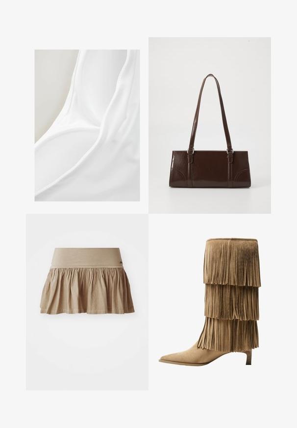 Valkoinen uimapuku, jossa on sileä rakenne ja syvä avokuormitus. Materiaali näyttää kevyeltä ja joustavalta, soveltuen veden käyttöön.; Beige puuvillane seelik koos volditud hemiga, millel on lai elastne vöökoht. Kerge materjal, pehme tekstuur ja lõdva disain.; Fringe nilkkurit vaaleassa mokassa, joissa on kolme kerroksellista fringia. Teräväkärkiset ja matalalla blokkikorkealla varustetut. Tasainen pinta kauttaaltaan.; Ruskea patentoitu nahkalaukku, jossa on suorakaiteen muotoinen malli, kaksi pitkää kantohihnaa ja hienovaraiset kaarevat yksityiskohdat etuosassa.