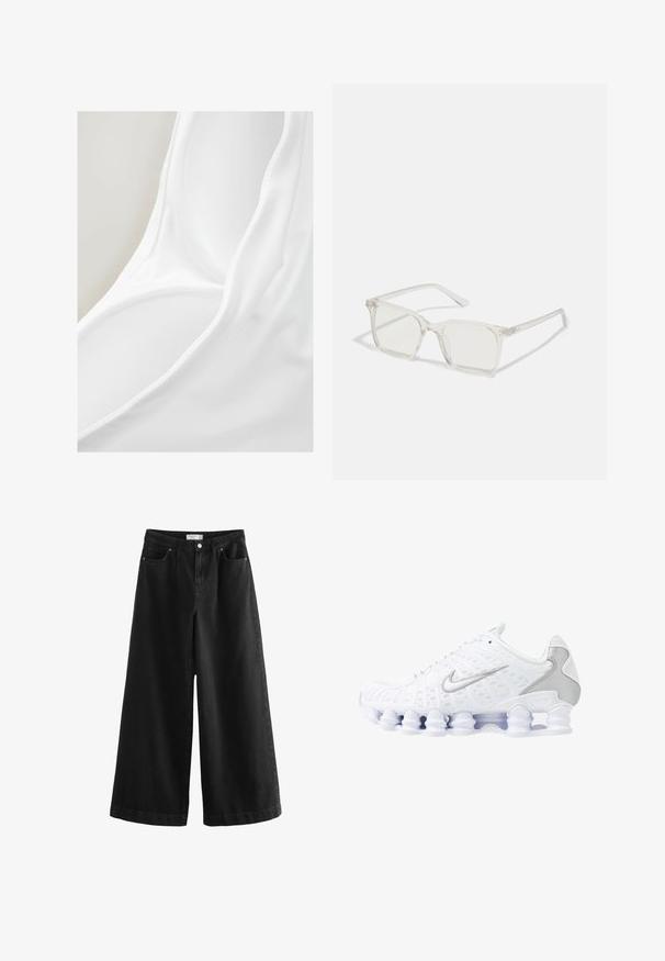 Biele plavky vyrobené z hladkej tkaniny s hlbokým výstrihom. Materiál pôsobí ľahkým a elastickým dojmom, ideálny na použitie vo vode.; Čierne široké džínsy vyrobené z denimu, so zvýšeným pásom, piatimi vreckami a čistým zakončením. Tkanina má hladkú textúru, s minimálnymi akcentmi.; Biele športové topánky s jemnou sieťovinou na hornej časti, striebornými detailmi a jedinečným dizajnom podpätka v tvare cievky. Majú polstrovaný golier a šnurovanie pre lepšie udržanie na nohe.; Priehľadné plastové okuliare s námestovými rámami a priehľadnými šošovkami, s kultivovanými zlatými akcentmi na spánkoch pre zvýraznenie detailov.