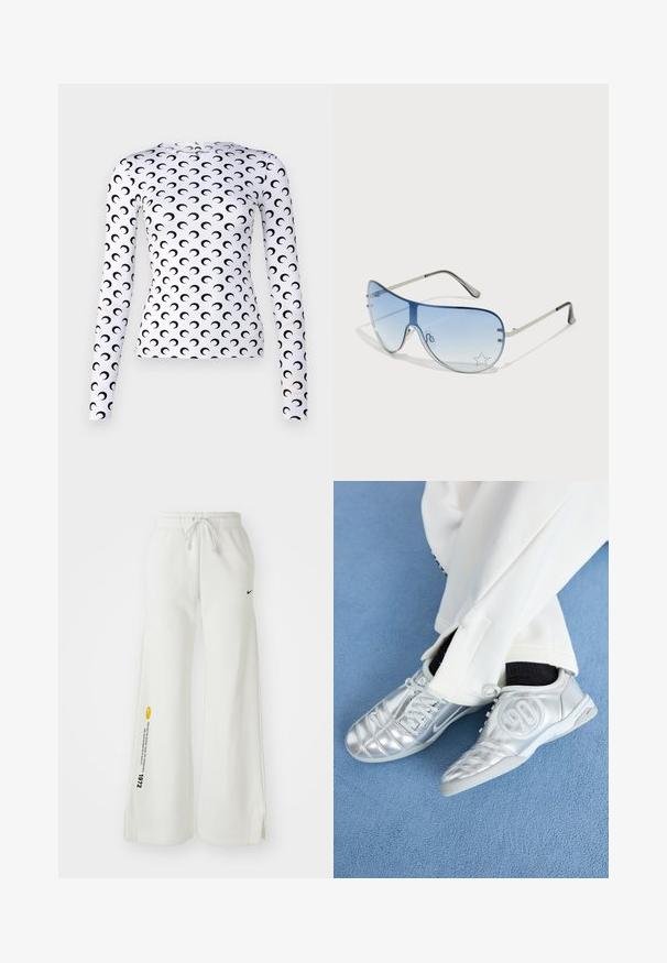 Pitkähihaisessa valkoisessa paidassa on toistuva musta kuun puolikuu -kuvio. Valmistettu sileästä kankaasta, istuva malli ja pyöreä pääntie.; Valkoiset, leveät collegehousut, joissa on joustava vyötärö, nyöritys, sivuvetoketjut, musta Nike-logo ja kontrastivärinen keltainen grafiikkateksti.; Hopeiset urheilukengät sileällä, kiiltävällä pinnalla, joissa on ommeltu kuvio ja numero 90 sivussa, yhdistettynä valkoisiin housuihin.; Aviator-mallin aurinkolasit, jotka ovat varustettu gradienttisilla sinisillä linsseillä, hopeisella metallikehyksellä ja koristeellisilla tähtikoristeilla linsseissä. Joustava ja viehättävä muotoilu.