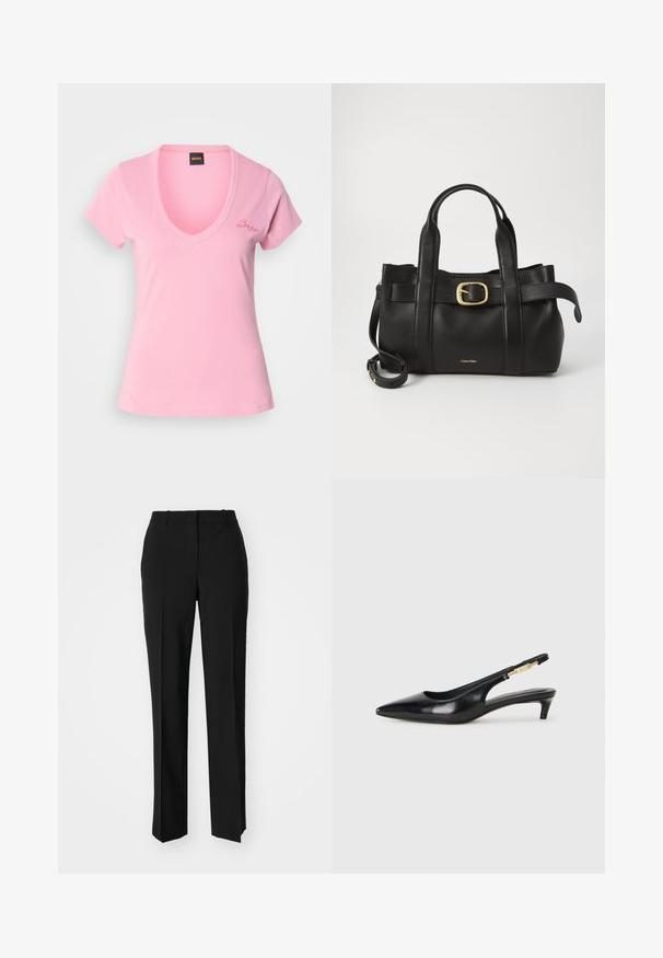 Rosa V-hals T-skjorte laget av myk bomull. Har korte ermer og en subtil brodert logo på venstre bryst. Glatt tekstur, tettsittende design.; Sorte skreddersydde bukser med rett silhuett, med en glatt tekstur og klare pressede bretter foran. Ingen synlig maskinvare.; Sorte lærreim hæler med spiss tå, som har en slank hæl og en gullfarget detalj på den justerbare stroppen. Glatt tekstur.; Svart lærveske med en strukturert design, doble topphåndtak, gullfarget spenneakent og preget merke-logo foran.