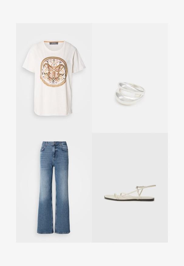 Balta kokvilnas T-kreklu ar detalizētu tauriņa grafiku rozā un zelta krāsā, ar dekoratīviem viļņiem un apaļu apmali. Īsas piedurknes un apaļa kakla izgriezums.; Mos Mosh MAI - Džinsi ar taisnām starām - blue wash; Bežīgas plakanas čības ar vairākiem plāniem siksniņām un regulējamu sprādzi. Zole ir plakana ar nelielu tumšu kontrastu malā.; Sudraba divu joslu gredzens ar gludu, pulētu virsmu. Iezīmējas ar plūstošu, izliekta dizaina struktūru ar pārklājošām sekcijām modernam izskatam.