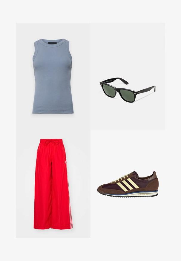 DRYKORN OLINA niebieskoszary; Czerwone spodnie szerokie, wykonane z lekkiego materiału, z białymi paskami po bokach oraz elastycznym pasem z regulowanym sznurkiem.; Brązowe i burgundowe sneakersy wykonane z zamszu i siateczkowych materiałów, z trzema kremowymi paskami, teksturowanym materiałem na języku i gumową podeszwą.; Czarne plastikowe okulary przeciwsłoneczne z zielonymi szkłami, kwadratowe oprawki, srebrny akcent na brwi oraz fakturowane ramiona temple. Nazwa marki podana na wewnętrznej stronie ramion.