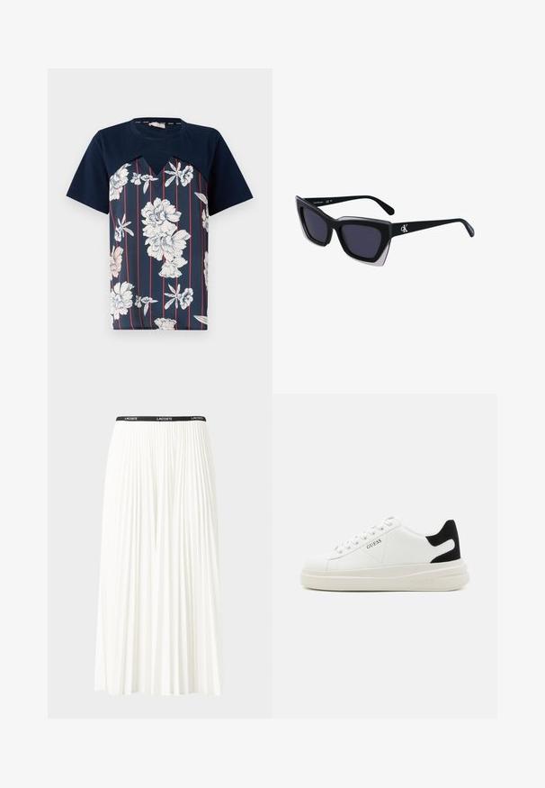 Tums zilā krāsā ar baltu un gaiši rozā ziedu rakstu, ar vertikālām sarkanām svītrām un V veida dekoltē. Īsas piedurknes.; Gari plānas baltas svārku ar melnu elastīgu jostu, uz kuras redzams "LACOSTE" logo. Vidēja garuma dizains ar mīkstu tekstūru.; Baltas ādas sporta apavi ar biezu balto zoli, melna zamša uzpura un izspiestais logotips sānos. Šņorējuma dizains ar sešiem acu caurumiem.; Melni pārmēru saulesbrilles ar ģeometrisku formu, kas aprīkotas ar tumšiem stikliem un kontrastējošu pelēku akcentu uz rāmja. Logo uz kājas.