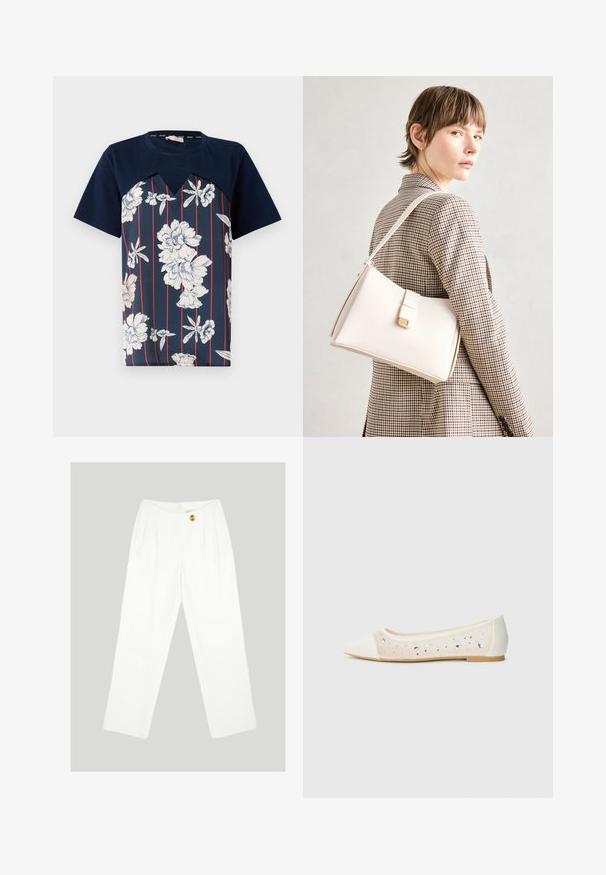 Temno modra majica s cvetnim printom v beli in svetlo rožnati barvi, ki ima vertikalne rdeče črte in v-oblikovan izrez. Kratki rokavi.; Bela široka hlače iz gladke tkanine. Imajo en rumen gumb za zapiranje in plisiran sprednji del. Nobenih vidnih žepov.; Pointe kratek v kremni usnjeni z transparentnim zgornjim delom, okrašenim s razpršenimi kamni. Mehak podplat za udobje, minimalističen dizajn.; Bela usnjena torba s strukturirano zasnovo, opremljena z magnetnim zapiranjem in naramnico, prikazana na nevtralni ozadju.