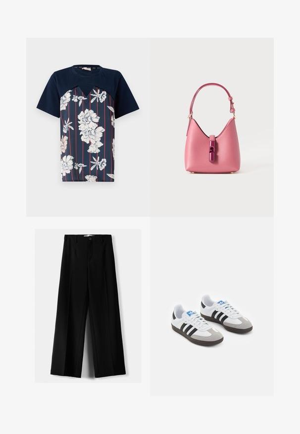 Marineblaue T-Shirt mit floralem Druck in Weiß und Hellrosa, ausgestattet mit vertikalen roten Streifen und einem V-Ausschnitt. Kurzärmelig.; Schwarze weite Hosen aus leichtem Stoff, mit einem Knopfverschluss vorne und flachem Bund, mit sorgfältig genähten Säumen.; Sportschuhe mit einem Obermaterial aus weißem Leder, grauer Wildleder-Zehenkappe und drei schwarzen Streifen. Sie verfügen über ein blaues Logo auf der Zunge und eine strukturierte Gummisohle.; Rosa Lederhandtasche mit strukturiertem Design, ausgestattet mit einem glänzenden Verschluss und einem einstellbaren Gurt. Texturierte Oberfläche mit goldfarbenen Beschlägen.