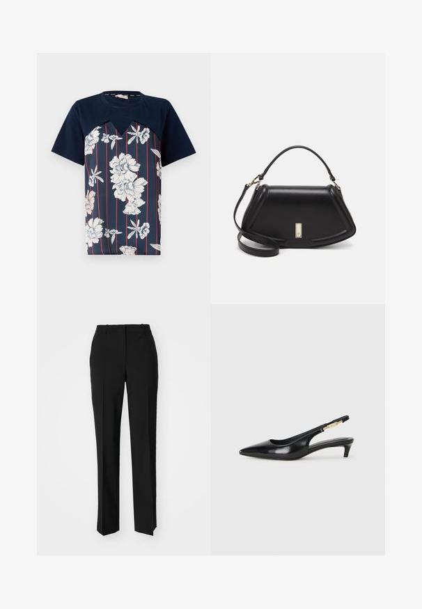 Navy blue t-shirt with floral print in white and light pink, featuring vertical red stripes and a v-shaped neckline. Short sleeves.; Black tailored trousers with a straight-leg design, featuring a smooth texture and crisp creases along the front. No visible hardware.; Black leather slingback heels with a pointed toe, featuring a slim heel and a gold-tone accent on the adjustable strap. Smooth texture.; Black leather handbag with a structured design, featuring a cropped shape, top handle, and gold hardware accent. Adjustable shoulder strap included.