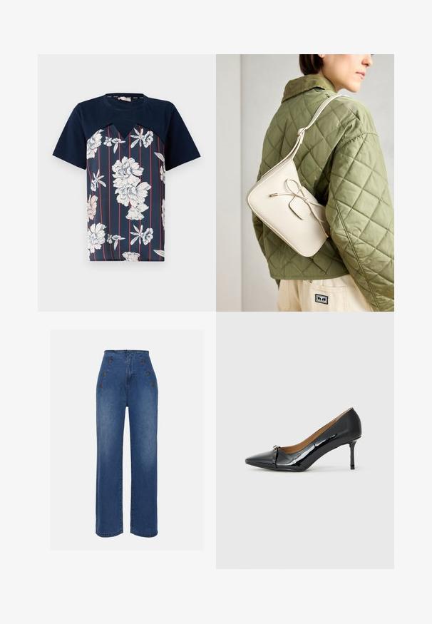 Námořnická modrá tričko s květinovým potiskem v bílé a světle růžové barvě, s vertikálními červenými pruhy a výstřihem do V. Krátké rukávy.; Džínové kalhoty s vysokým pasem v středně modré barvě. Obsahují dekorativní přední knoflíky a široké nohavice. Materiál má hladkou texturu s mírným vyblednutím.; Černá lakovaná vysoká podpatková bota s špičatou špičkou, ozdobným páskem v přední části a tenkým stiletto podpatkem.; Béžová kožená křížová taška s detaily mašle, zlatými doplňky a jedním nastavitelným popruhem, nošena přes zelenou prošívanou bundu.