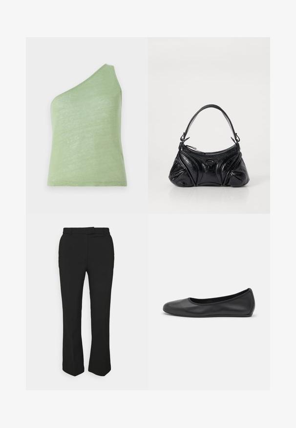 Asimetriška žalia topas be rankų, pagamintas iš minkštos, lengvos medžiagos, su viena petneša ir lygia tekstūra.; Juodos pritaikytos kelnės su tiesiomis kojomis, su diržo kilpos ir šoninėmis kišenėmis. Pagamintos iš lygios medžiagos su švariu apdailu.; Juodai odiniai baletai su apvaliu pirštu, lygi texture, minimalus siuvimo detales ir lanksčiu padų dizainu.; Juodas rankinukas, pagamintas iš tekstūruotos odos, su suapvalinta forma. Jame yra plonas peties diržas ir dekoratyviniai įspausti raštai.