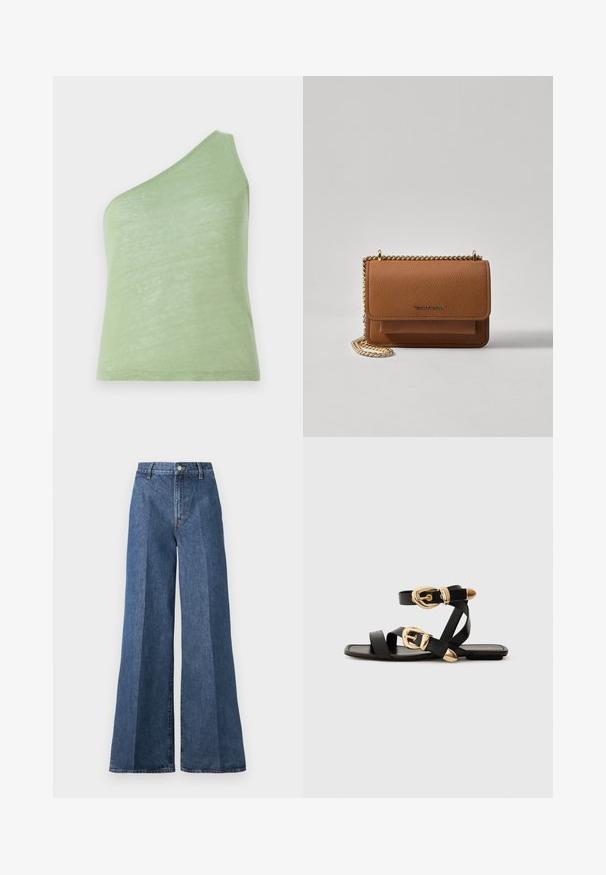 Asymmetrisk grön linne i mjukt, lätt material, med en axelrem och en slät yta.; Vida blårandiga denimjeans med hög midja, med klassisk femficksdesign och knappstängning, tillverkade av texturerad bomull.; Svarta lädersandaler med guldspännen, med flera remmar och platt såldesign för öppna tår.; Brun texturerad läder crossbody-väska med guldkedja och klaffstängning. Framsidan har logotypdetalj och en ficka under klaffen.
