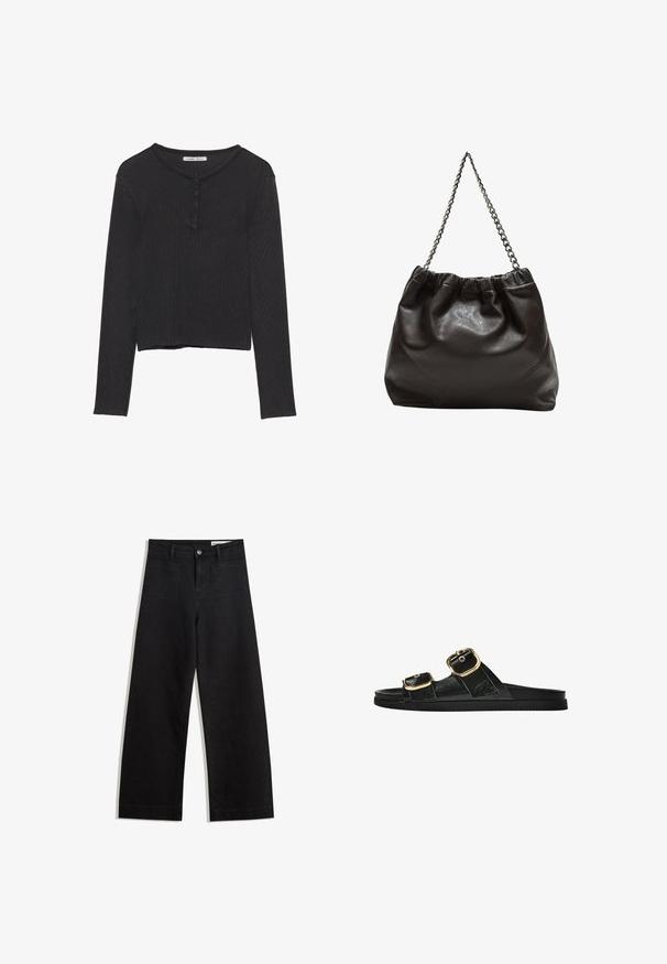 Black, long-sleeve, ribbed top with a round neck and three-button placket at the front. Features a cropped hem and soft texture.; Black wide-leg denim pants with a high waist, featuring front and back pockets, stitched seams, and a button closure. Smooth texture.; Black slide sandal with two gold buckle accents, smooth textured material, flat sole, and a minimalist design.; Brown leather bag with a gathered top and a chain strap. Smooth texture with a glossy finish and subtle seam detailing on the sides.