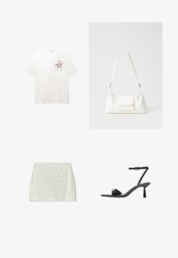 Valkoinen puuvillapaita, jossa on ruskea meritähtigrafiikka vasemmalla rinnalla. Lyhyet hihat, rento istuvuus ja pyöreä kaula-aukko.; Bershka A-linjainen hame - white; Bershka Korolliset sandaalit - black; Valkoinen synteettinen käsilaukku, jossa on kolmikulmainen muoto, tasainen etu läppä ja nauhadetail, säädettävä olkahihna, sileä rakenne ja minimalinen muotoilu.
