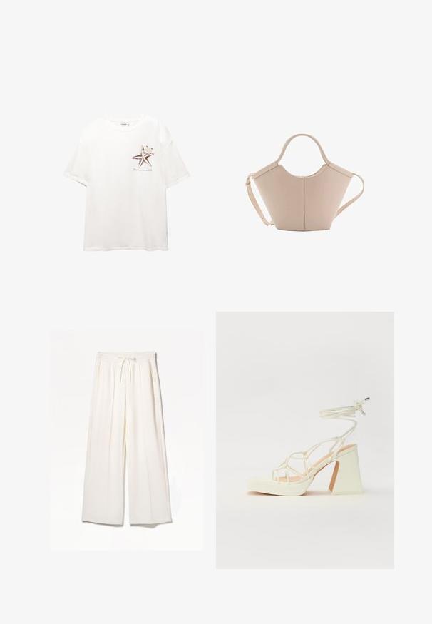 Bela bombažna majica z grafiko rjavega morskega zvezda na levi strani prsnega dela. Kratke rokave z sproščenim krojem in dizajnom okroglega izreza.; Bela široka hlače iz lahkega materiala, z elastičnim pasom, vrvico in stranskimi žepi brez vidnih vzorcev.; Bela sandala na visokih petah s debelim petam, ki ima obliko trakcev in vezanje okoli gležnja. Gladka tekstura z platformo spredaj za dodatno višino.; Bežna usnjena torbica edinstvene oblike, z dvema kratkima ročajema in dolgim nastavljivim trakom. Gladka tekstura z minimalno kovinsko opremo.