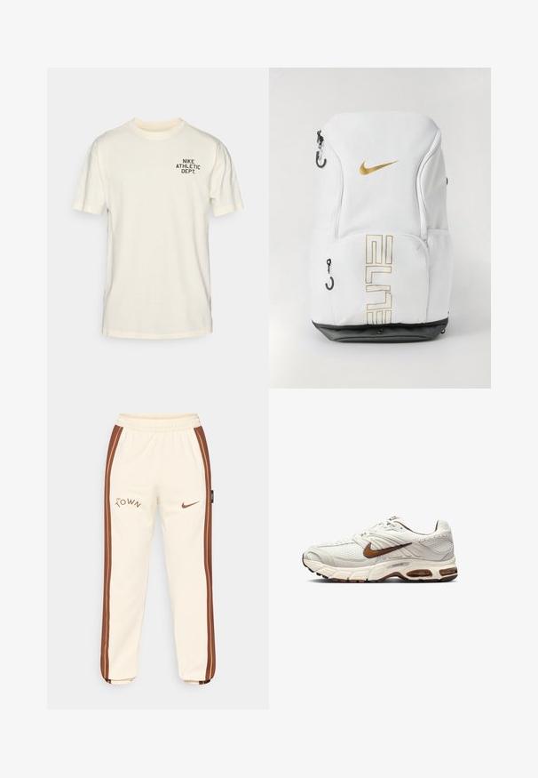 Grietai spalvos medvilninis marškinėliai su apvaliu kaklu, trumpomis rankovėmis ir juodu „NIKE ATHLETIC DEPT.“ užrašu ant kairiojo krūtinės. Minkšta tekstūra, laisvas kirpimas.; Grietos kelnės su rudos spalvos šoninėmis juostelėmis, su logotipu "The Town" ir Nike swoosh. Elastingas juosmuo ir gipiūras ant rankovių. Minkšta, lygi medžiaga.; Nike sportbačiai off-white spalvos su tekstūruotu tinkleliu, rudos akcentais ir paminkštintu padu. Lengvas dizainas su apvaliu pirštu ir raišteliais.; Balta Nike kuprinė su auksiniu logotipu ir „ELITE“ tekstu, užtrauktukais, tinklinėmis šoninėmis kišenėmis ir juodu dugnu. Lygi tekstūra.