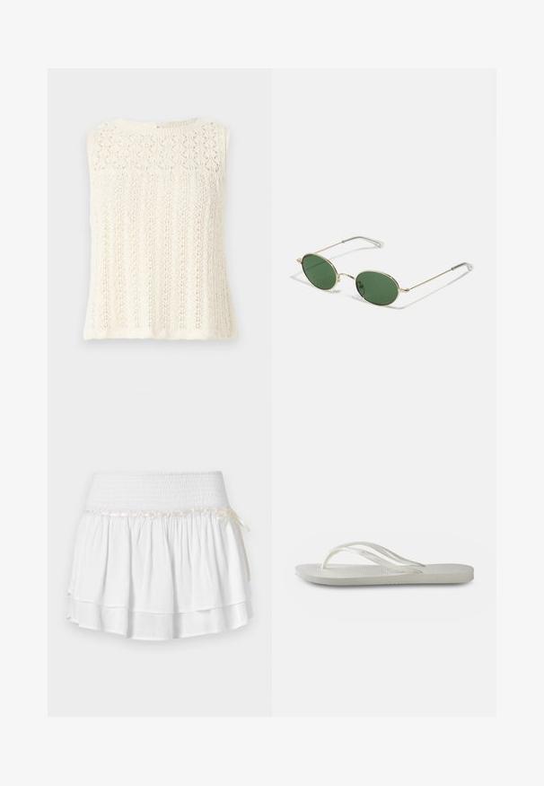Stickad ärmlös topp i krämfärgad, med ett texturerat mönster med bladmönster och rundad halsringning. Bakre stängning med en liten nyckelhål.; Vit lager-på-lager kjol med elastisk midja, med detaljer av texturerad smock och en dekorativ satinsnodd. Tillverkad av bomull.; Vit flip-flop med en strukturerad sula, som har tunna remmar och en platt design. Tillverkad av gummi med en diskret logotyp på fotsulan.; Solförmda solglasögon med guldram och gröna ovala linser samt tunna metalldelar. Utrustad med klara plastspetsar på armarna för ökad komfort.; Vävd halmstruktur med bruna läderdetaljer, två handtag och en avtagbar rem. Böjd form med en stabil botten.
