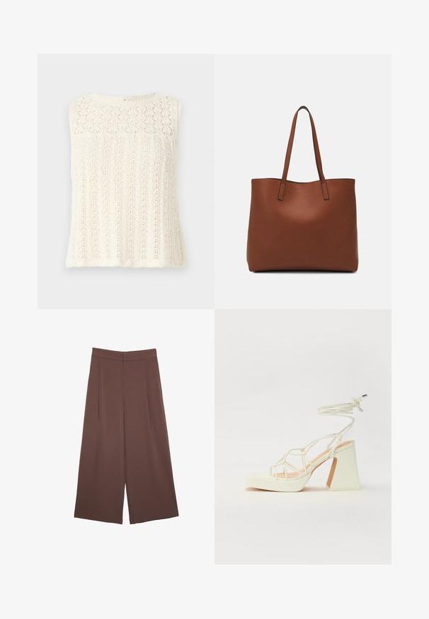 Top senza maniche in maglia color crema, caratterizzato da un motivo testurizzato con motivi a foglia e una scollatura arrotondata. Chiusura sul retro con un piccolo occhio di chiave.; Pantaloni ampi marroni con una texture liscia, caratterizzati da una vita alta e pieghe frontali. Il tessuto è leggero e scorre liberamente.; Sandalo bianco con tacco alto, caratterizzato da un design a cinturini e un legaccio alla caviglia. Texture liscia con una piattaforma frontale per un'altezza aggiuntiva.; Borsa tote in pelle marrone con texture liscia, design con apertura superiore e due spallacci. Presenta cuciture minime e nessun hardware visibile.