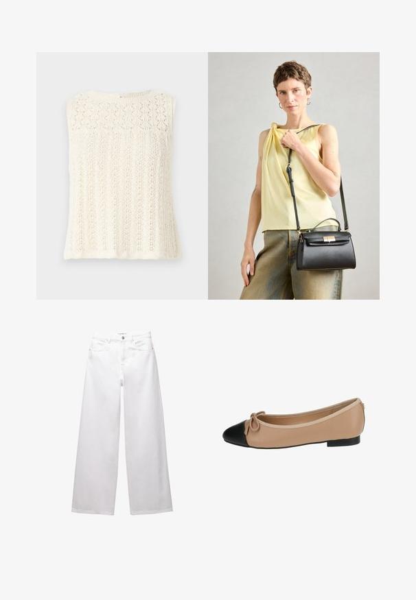 Brede mouwloze top in cream, met een structuurpatroon met bladerenmotieven en een ronde halslijn. Rugsluiting met een klein sleutelgat.; Witte wijde denim jeans. Voorzien van een knoopsluiting, voor- en achterzakken, en gestikte naden. Soepele textuur met minimale details.; Ballett balletflat van beige leer met een zwarte punt. Heeft een strikdetail aan de voorkant en een gladde textuur. Laag profiel ontwerp met een rubberen zool.; Zwarte leren handtas met een gestructureerd ontwerp, een bovenhandvat en een verstelbare schouderriem. Strakke textuur en een gouden hardware sluiting detail.