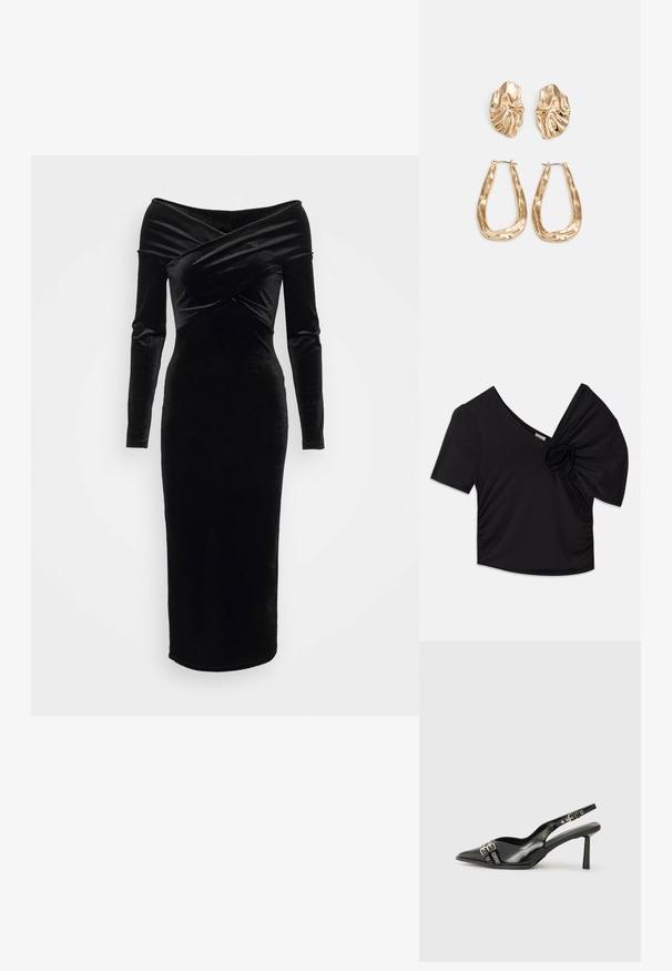 Black short-sleeve top featuring a deep V-neck and a textured floral accent on one shoulder with gathered detailing on the side.; Black velvet off-the-shoulder dress with long sleeves, fitted silhouette, and a crossover design at the bust. Midi length and smooth texture.; Black patent leather slingback shoe with pointed toe, ankle straps featuring silver buckles and hardware, and a slender heel.; Gold metallic handbag with a structured design, smooth texture, and adjustable strap. Features a unique triangular shape and minimalist stitching.; Gold-tone earrings featuring textured, wavy shapes. Includes sculptural clip-on studs and open hoop design with a hammered finish.
